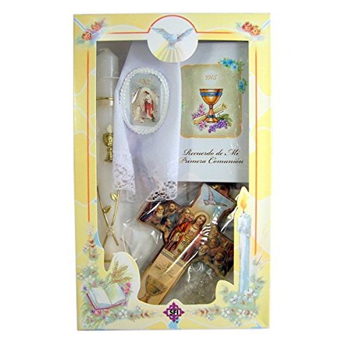 Spanish First Communion Candle Gift Set with Mass Book, Rosary, and Wall Cross Keepsake (Girls)