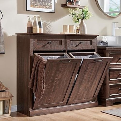 Double Tilt Out Laundry Hamper Cabinet, 20 Gallon Farmhouse Trash Can Cabinet with Drawer, Hidden Wood Garbage Can Bin Cabinet with Laundry Storage Basket for Bathroom, Kitchen, Brown