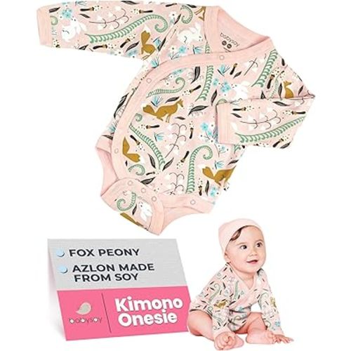 Babysoy Organic Baby Newborn Long Sleeve Pattern Kimono Wrap Around Side Snap Bodysuit/Onesie for Unisex Infants