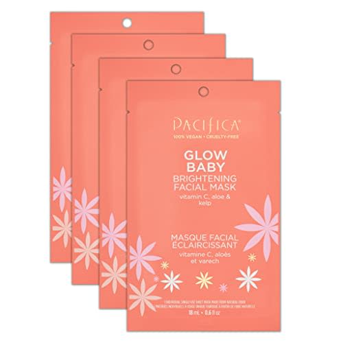 Pacifica Glow Baby Brightening Vitamin C Face Mask 4-Pack – Hydrating Serum-Soaked Sheet Mask for Glowing Skin, Fights Dullness & Dark Spots, Infused with Aloe & Kelp, 100% Vegan & Cruelty-Free​