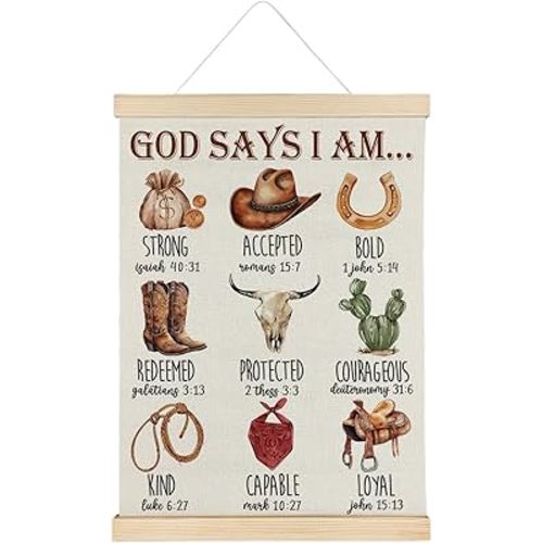 SereneHanctuary Western Christian Wall Art, God Says I Am Cowboy Nursery Wall Decor, Inspirational Religious Bible Verse Poster Hanger Frame for Boys Room Bedroom Church Nursery, 12x16 Inches
