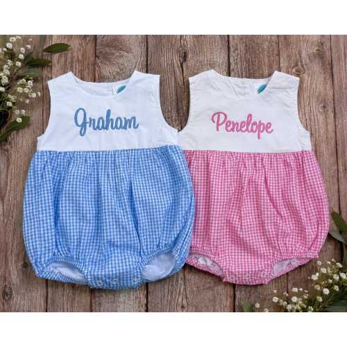 Baby Blue or Pink Gingham Personalized Bubble (White Top)