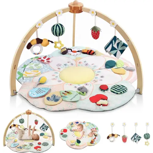 Baby Play Gym & Activity Mat, 5 Developmental Zones Tummy Time Mat with 4 Detachable Sensory Toys, Early Skills & Sensory Development Mat, Newborn Essentials Baby Shower Gift