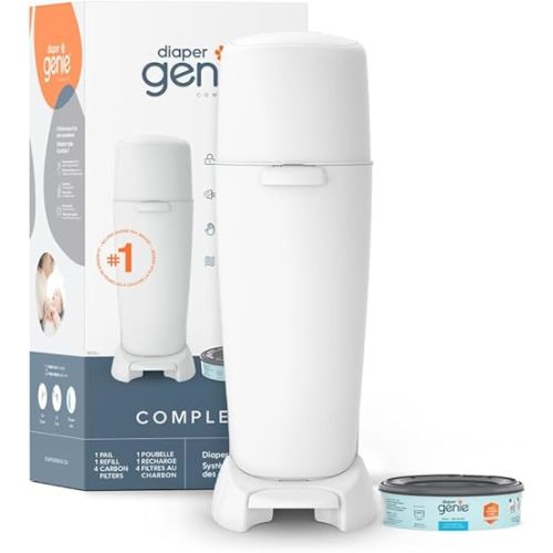 Diaper Genie Système complet de seau à couches Blanc – Exclusivité Amazon – Comprend 4 filtres à charbon et 1 recharge