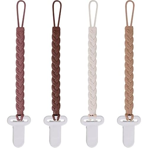 4 Pcs Brown Baby Silicone Teething Pacifier Clip,One-piece Design,Woven Shape,BPA Free.
