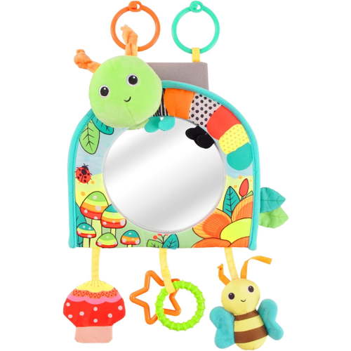 Car Seat Mirror for Baby Rear Facing, Interactive Safe Soft Toy with Crinkle Paper & Teether, Educational Sensory Travel Activity Center for Tummy Time, Infant Toys for 0-6-12-18 Months Boys Girls