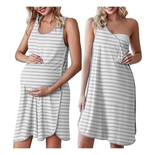 Ekouaer Labor and Delivery Gown for Hospital 3 in 1 Nursing Dress Sleeveless Maternity Snap Button Breastfeeding Nightgown &nbsp;Grey Striped M