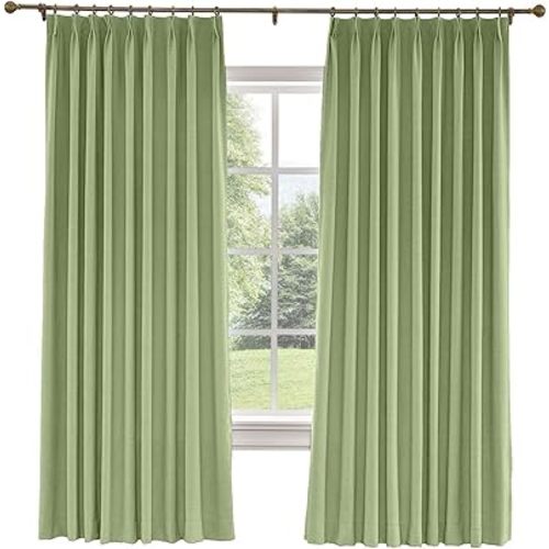TWOPAGES 100% Blackout Pinch Pleat Curtain, Sliding Door Bedroom Faux Linen Textured Window Curtain, Double Layer Thermal Insulated Privacy Drape 1 Panel, 52W x 84L, Olive