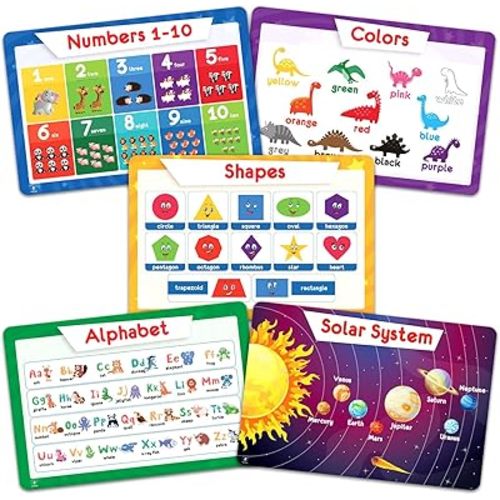 Simply Magic 5 Educational Placemats for Kids - Kids Placemats Non Slip, Washable Reusable Plastic Place Mats for Toddler, Alphabet ABC, Shapes, Colors, Numbers, Solar System Learning Place Mats