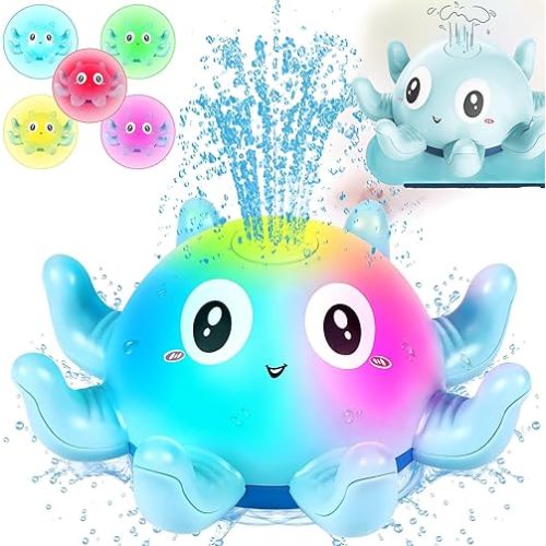 Baby Bath Toys,Light Up Bath Toys for Kids 1-3, Baby 6-12 12-18 Months Octopus Bath Toy Sprinkler, Fountain Bathtub Toys Toddler Newborn Birthday Gifts (Blue)