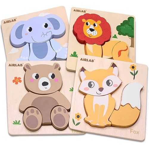 Wooden Puzzles for Toddlers 1 2 3 Year Old Animals Shape Puzzle Toys for Travel Airplane Gift for Kids Montessori Early Development Gifts for Baby Boys Girls with Drawstring Bag Pack of 4