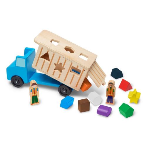 Melissa & Doug Shape-Sorting Wooden Dump Truck Toy With 9 Colorful Shapes and 2 Play Figures: Wood Stacking Toddler Toy