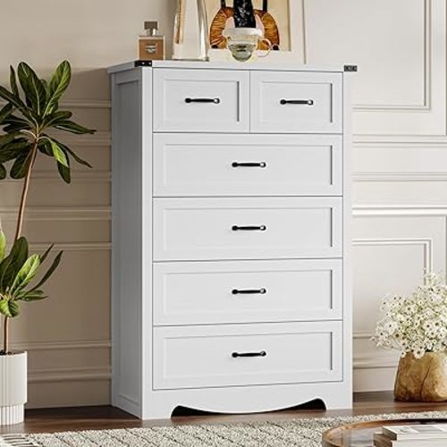 Tall 6-Drawer Dresser for Bedroom, Modern Wooden Chest of Drawers with Metal Handles, Anti-Tipping Design, Sturdy and Stable Storage Organizer for Living Room, Entryway, Home Office, Standard