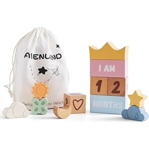 Baby Milestone Blocks Set of 12, Wooden Newborn Age Blocks for Monthly Milestone, Charming Photo Props, Baby Gifts & Keepsake