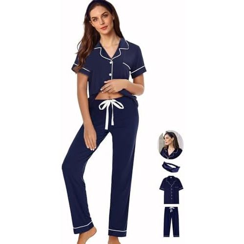 3Pcs Soft Pajama Sets For Women XS-XXL Womens Pajamas Set Sleepwear Button Down Short Sleeve Long Pants Pj sets