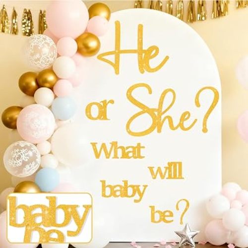 Golden Glitter Paper Gender Reveal Decals for Backdrop Large Oh Baby Shower Party Sign He or She What Will Baby Be Balloon Arch Decor Girl or Boy Letters Cutouts Sticker Pregnancy Party Banner Ideas