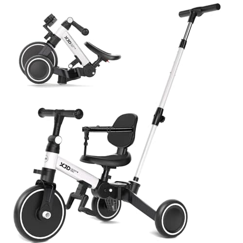 XJD Toddler Bike, 6 in 1 Folding Toddler Tricycle for 1-4 Year Old with Parental Control Handle, Balance Bike with Removable Pedal, Backrest, Adjustable Seat Height, First Birthday Gifts