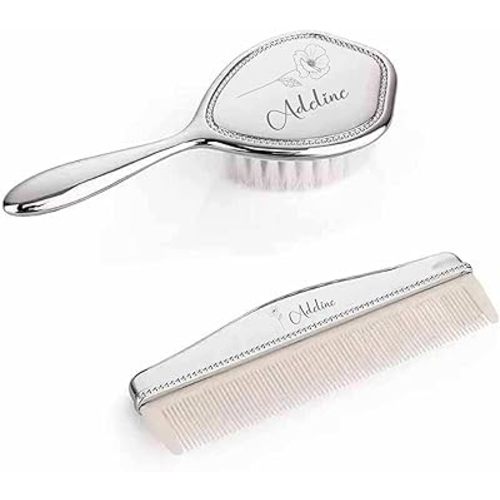 Engraved Silver-Plated Brush & Comb Set – Newborn Grooming Kit, Soft Bristle Hairbrush, Custom Baby Keepsake Gift for Baby Shower, Christening, Baptism.