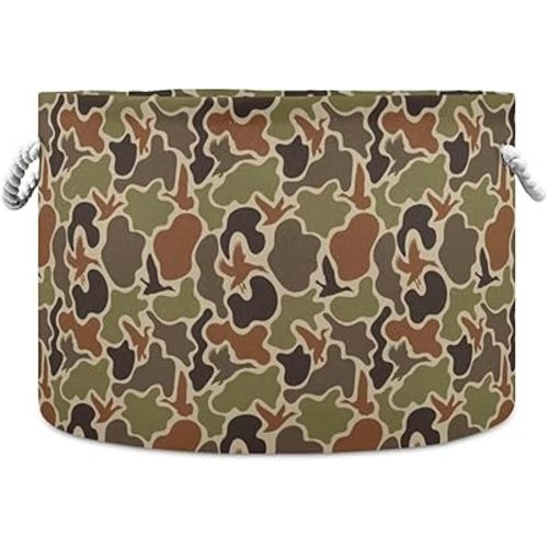 Camo Print Round Storage Basket Duck Hunter Camouflage Large Laundry Hamper 20 x 20 x 14 Inches Organizer Bin with Cotton Rope Handles Clothes Storage Bag for Nursery Bedroom Living Room Decor