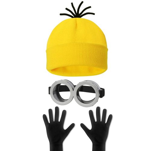 3 Pcs Halloween Costume Accessories Adult,Goggles Glasses/Yellow Beanie/Gloves for Men Women Cosplay Party Set
