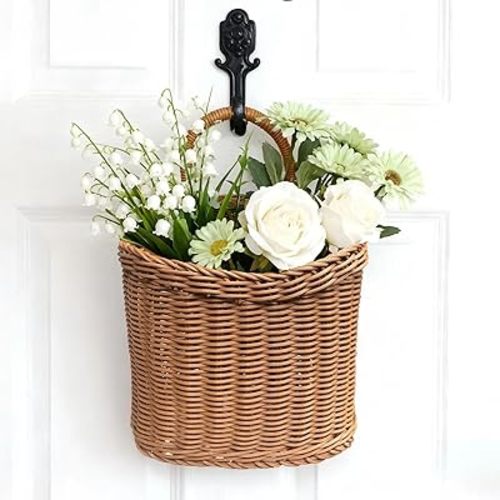 Woven Hanging Wicker Basket for Front Door, Handmade Rattan Hanging Wall Baskets for Garden Farmhouse Home