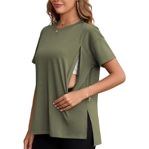 Ecavus Women's Oversized Nursing Shirts for Breastfeeding with Hidden Zipper Short Sleeves Side Splits Maternity Tops