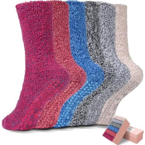 HUGSWEET 6 Pairs Thick Fuzzy Socks with Grip Cozy Non Slip Hospital Socks Home Fluffy Warm Slipper Socks Gifts for Women