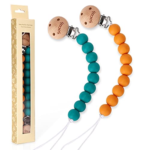 Socub Silicone Baby Pacifier Clip, Pacifier Holder Fit Any Brand Pacifier, BPA Free, Best Newborn Shower Gift for Boy and Girl (Pumpkin, Teal)