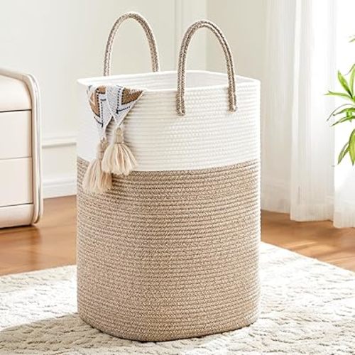 Laundry Basket, Woven Cotton Rope Laundry Hamper, 60L for Decor Storage of Dirty Clothes, Baby Toys and Blankets in Bathroom, Nursery, Baby Room, Bedroom and Living Room