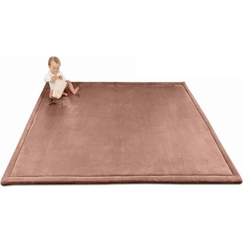 Stylish Coral Velvet Baby Play Mat for Floor 60" x 80" Brown – Soft 1" Thick High-Density Memory Foam Nursery Rug,Kids Rug with Non-Slip Backing for Crawling & Playing, Playroom Rug, Kids Carpet