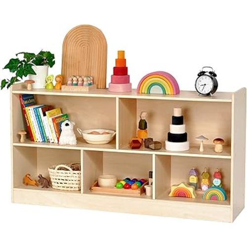 Wooden Montessori Book & Toy Organizer with Open Shelving, 5-Section