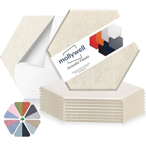 Mollywell Hexagon Acoustic Panels 14x12 - Reduce Echo & Reverb, Noise Blocking Wall Tiles for Living Room & Bedroom, Beige Sound Absorbing Panels