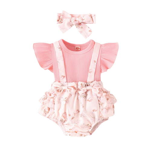 3-6 Months Baby Girl Outfit Sleeveless Summer Romper Daisy Print Baby Girl Clothes Girls' Round Neck Sleeveless Stripe Lace Patchwork Flower Print Jumpsuit Pink