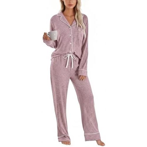 PJGGZ Womens Pajama Sets Long Sleeve, Soft Cozy Button Down Top & Drawstring Pants with Pockets 2 Piece Lounge Pjs S-XXL