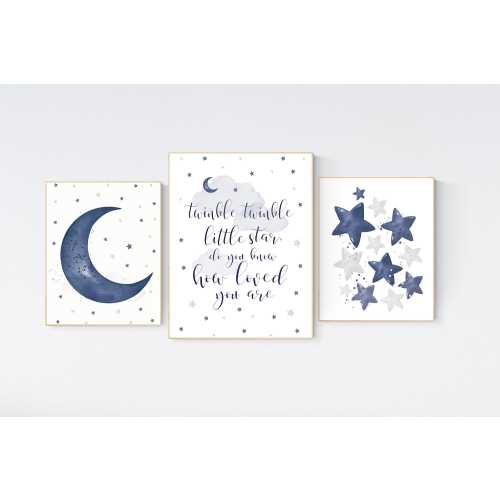 Navy Blue Nursery Art: Moon & Stars Print (Frames NOT Included)