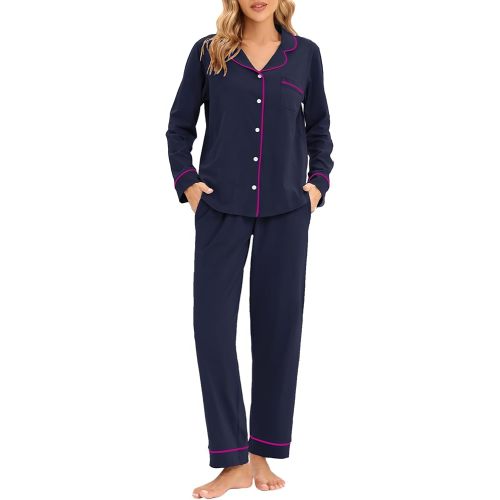 LUBOT 100% Cotton Pajamas for Women Pajama Set Soft 2 Piece Sleepwear PJ Set Long Sleeve Button Knit Cozy Loungewear XS-XXL