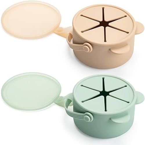 Silicone No Spill Snack Cups for Toddlers – Portable Baby Snack Cup Containers with Dustproof Lid – Dishwasher-Friendly Toddler Spill Proof Cups Without BPA, Lead, or Phthalates – Beige and Green