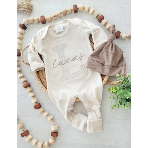 Personalized Neutral Baby Romper and Hat Set, Custom Infant Boy Coming Home Outfit, Baby Shower Gift, Beige With Footies, Taupe Tan - Etsy
