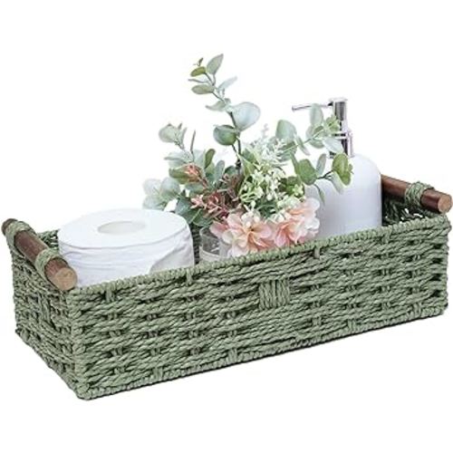 Round Paper Rope Storage Basket Wicker Baskets for Organizing with Handle Decorative Storage Bins for Countertop Toilet Paper Basket for Toilet Tank Top Small Baskets , Green