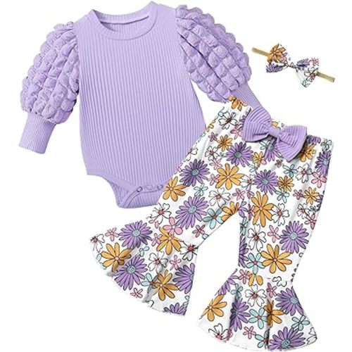 Baby Girl Clothes Long Sleeve Romper 3Pcs Baby Girl Outfits Flare Pants Set with Headband Fall Baby Girl Winter Clothes