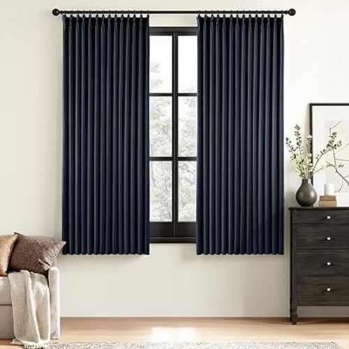 MIULEE Navy Blue Pinch Pleated 100% Blackout Linen Curtains for Bedroom, Room Darkening Memory Trained Light Blocking Window Curtains 63 inches Long for Living Room, Black Out Pleat Drapes, 2 Panels