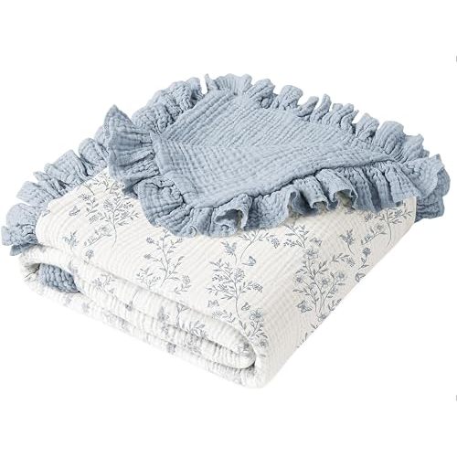 Konssy 100% Cotton Muslin Baby Blanket with Ruffle Trim for Girls, 43"x39"
