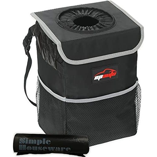 EPAuto Waterproof Car Trash Can with Lid and Storage Pockets, Black