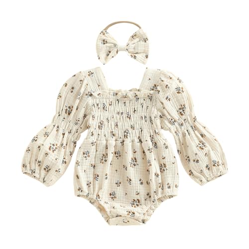 Kavousa Smocked Baby Girl Clothes Newborn Girl Bubble Romper Long Sleeve Jumpsuit And Headband Outfit Cute Infant Clothing