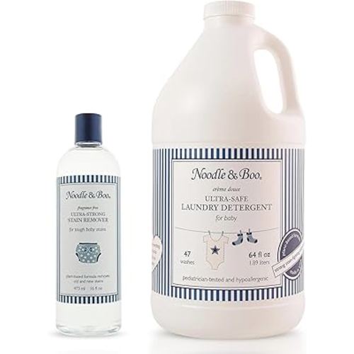 Noodle & Boo Baby Laundry Bundle, Ultra-Strong Stain Remover, Fragrance-Free 16 Fl Oz + Ultra-Safe Baby Laundry Detergent, Crème Douce Scented 64 Fl Oz