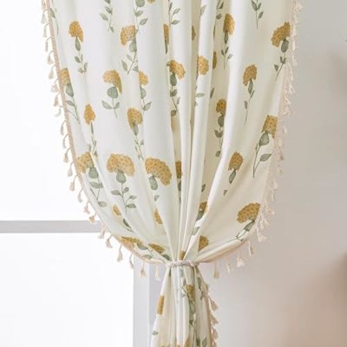 Mustard Yellow Floral Curtains 72 Inch Length for Bedroom Boho Linen Farmhouse Curtains for Living Room Vintage Blossom Patterned Rod Pocket Semi Sheer Window Treatments Drapes 2 Panels