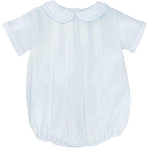 Petit Ami Baby Boys' Romper with Pleats and Feather Stitching, Blue