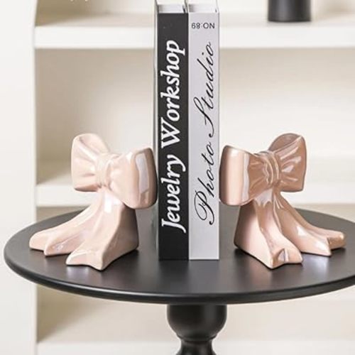 1 Pair Bow Bookends,Ceramic Book Ends for Heavy Books,Cute Bookends,Book Stopper for Shelves,Decorative Tabletop Sculpture Ornament Room Decor for Home Dorm Wall Desk Shelf (Pink)