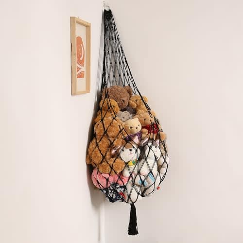Amdermi Stuffed Animal Hammock Corner Hanging Net for Stuffy Animal Storage Macrame Toy Display Plushie Toy Holder-Perfect for The Tiny Space Walls, Kid Bedroom Decor Playroom Organizer (Black)