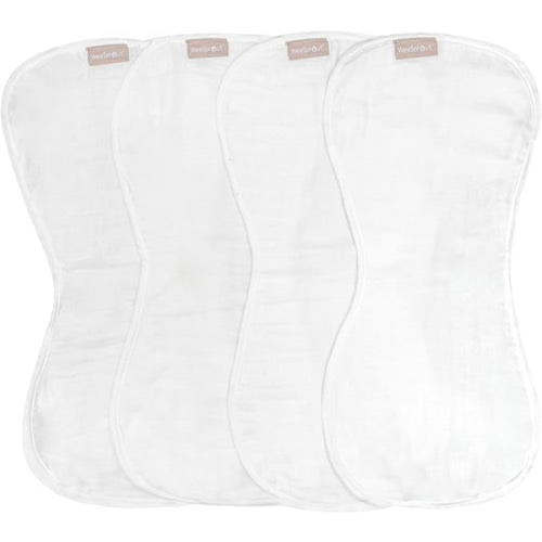 WeeSprout Unisex Organic Towel Cotton Burp Cloths, Set of 4, Four Ultra-Absorbent Layers Keep Clothes Dry, Button Transforms into Baby Bib, Machine Washable & Dryer Safe (White Set, Full)